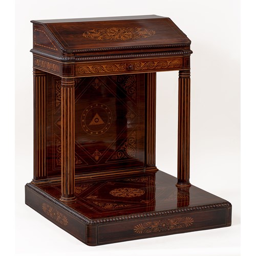 An unique Italian carved and veneered kingwood and maple inlaid Massonic Lectern